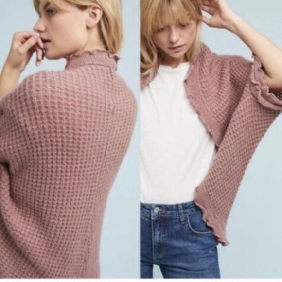 Anthropologie Moth Sz XS Rocia Ruffled Coccon Cardigan Waffle Knit Mauve Boho - Picture 1 of 16